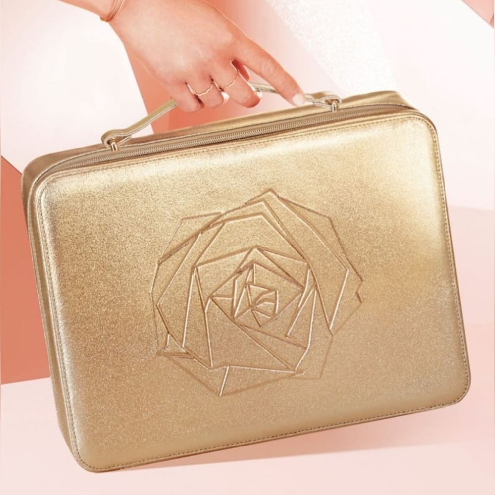 LANCOME Paris Women's Cosmetic/MakeUp Travel Case Gold Rose Zip Logo 13"×10"×3" - Picture 2 of 16